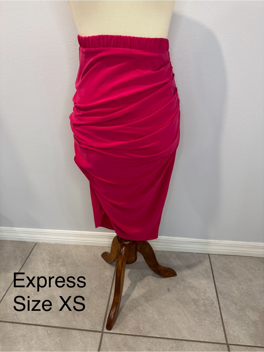 Express Ruched Midi Pencil Skirt in Hot Pink